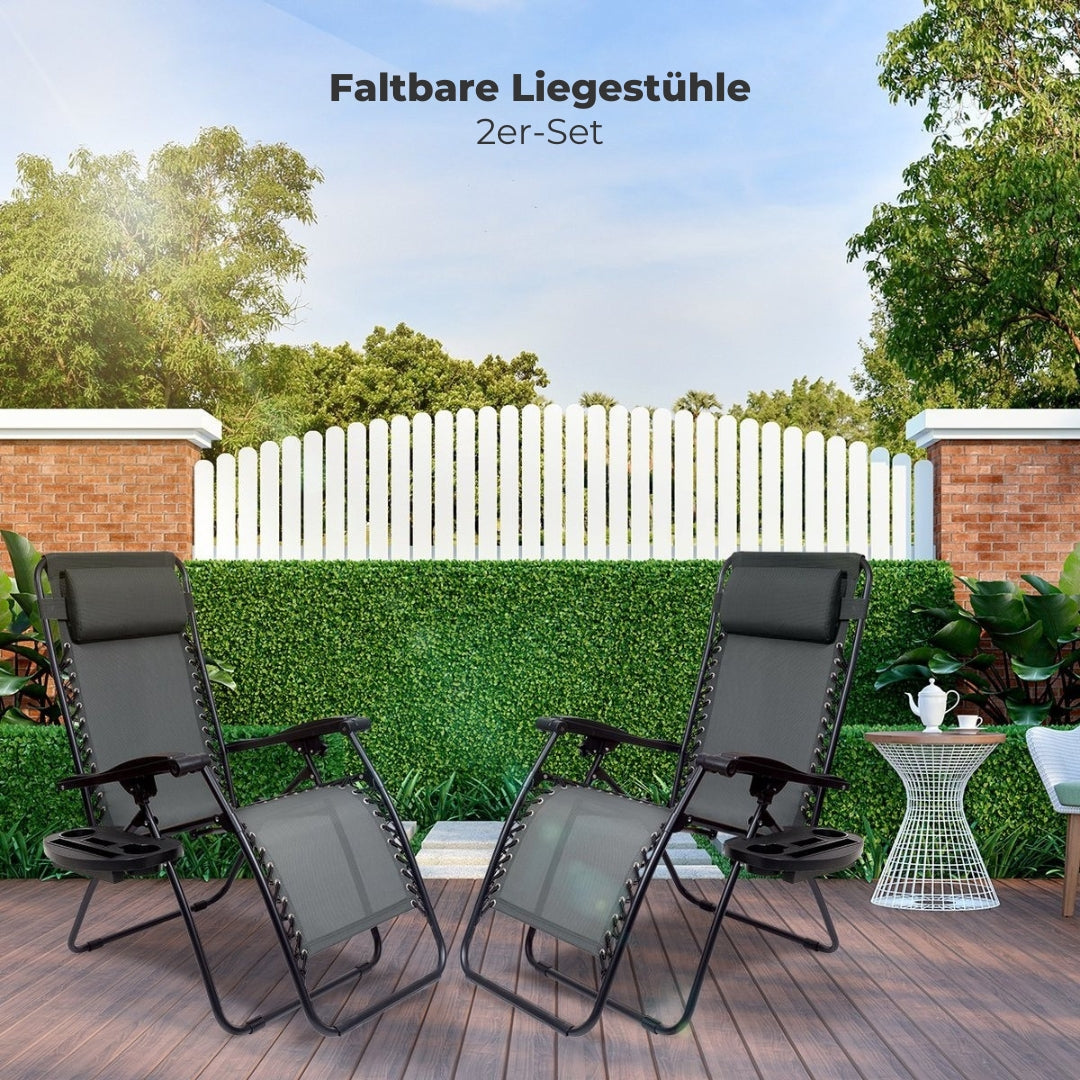 LifeGoods - Faltbare Gartenstühle - 2 Stück - 30°-90° verstellbar - Metall - Dunkelgrau
