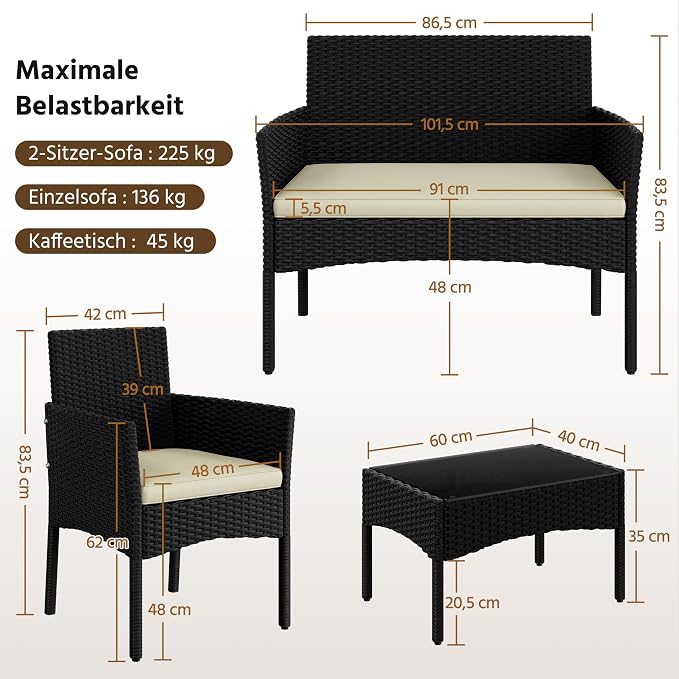 Yaheetech 4-teiliges Polyrattan-Lounge-Set – 2-Sitzer-Sofa, 2 Stühle & Glastisch – Schwarz/Grau