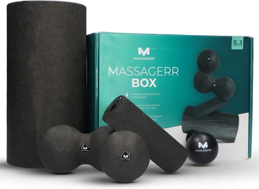 Massagerr® Box - Schaumstoffroller-Set mit Triggerpunkt-Ball & Duo-Massageball in Schwarz - Massageroller - Schaumstoffroller - Faszien - Fitness - Massage-Set - inkl. Stressball