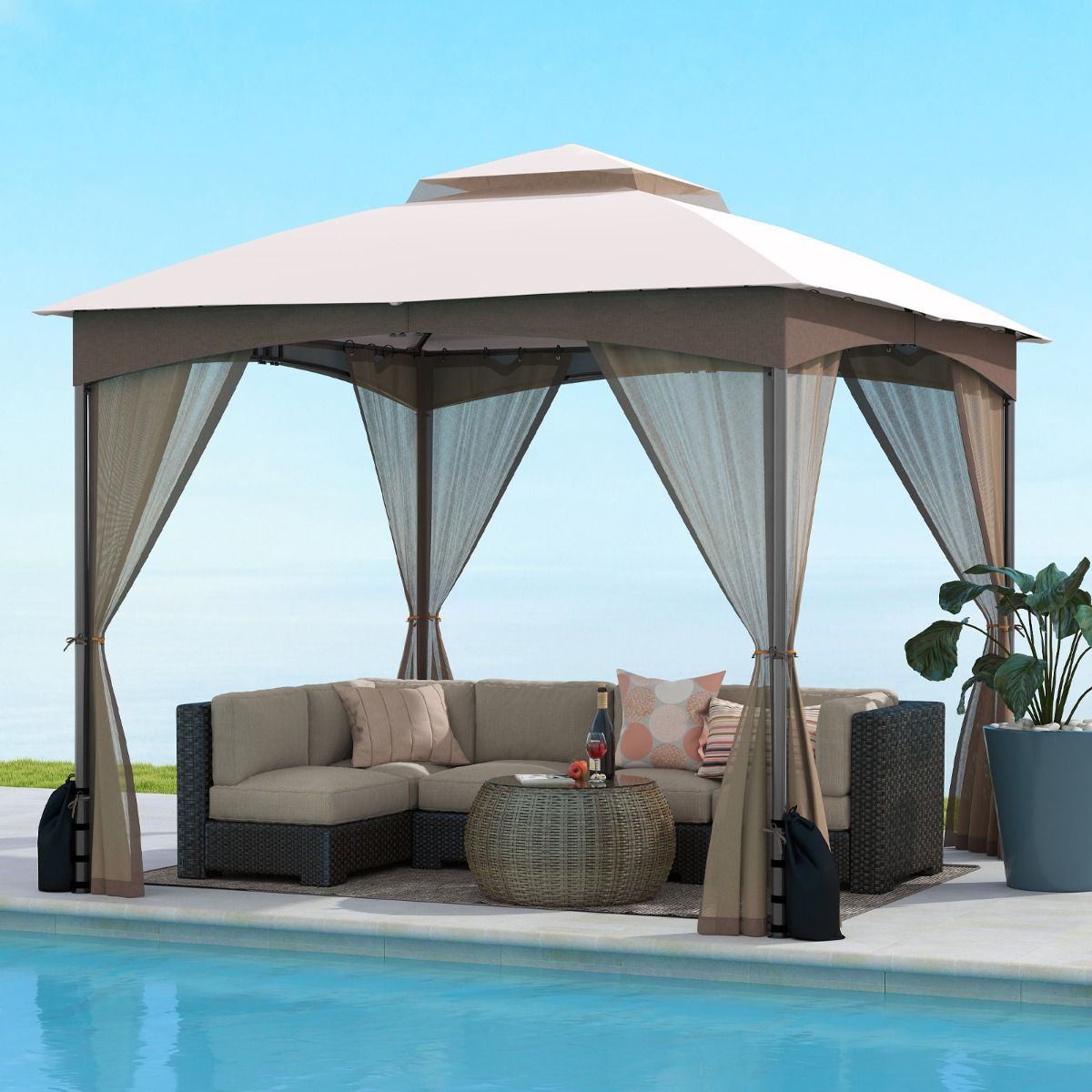 Coast Gartenpavillon – Doppeldach – Moskitonetz und Sandsäcke – Khaki 3 x 3 m