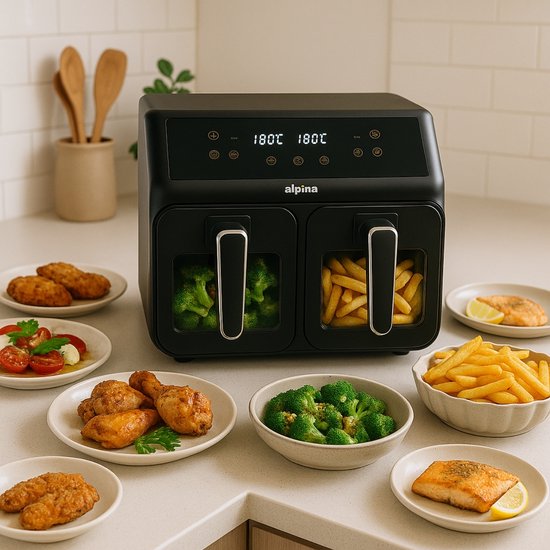 alpina Doppel-Airfryer XXL – Heißluftfritteuse 2x4 l – Airfryer mit digitalem Touchscreen – Heißluftofen für 6 Personen und mehr – 8 Kochprogramme – Sync-Modus – Timer-Funktion