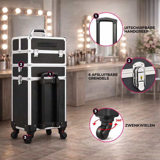 Travli Make Up Trolley - Schminkkoffer - Friseurkoffer - Beautycase - Kosmetikkoffer - 106* 40* 31,5 cm - Schwarz