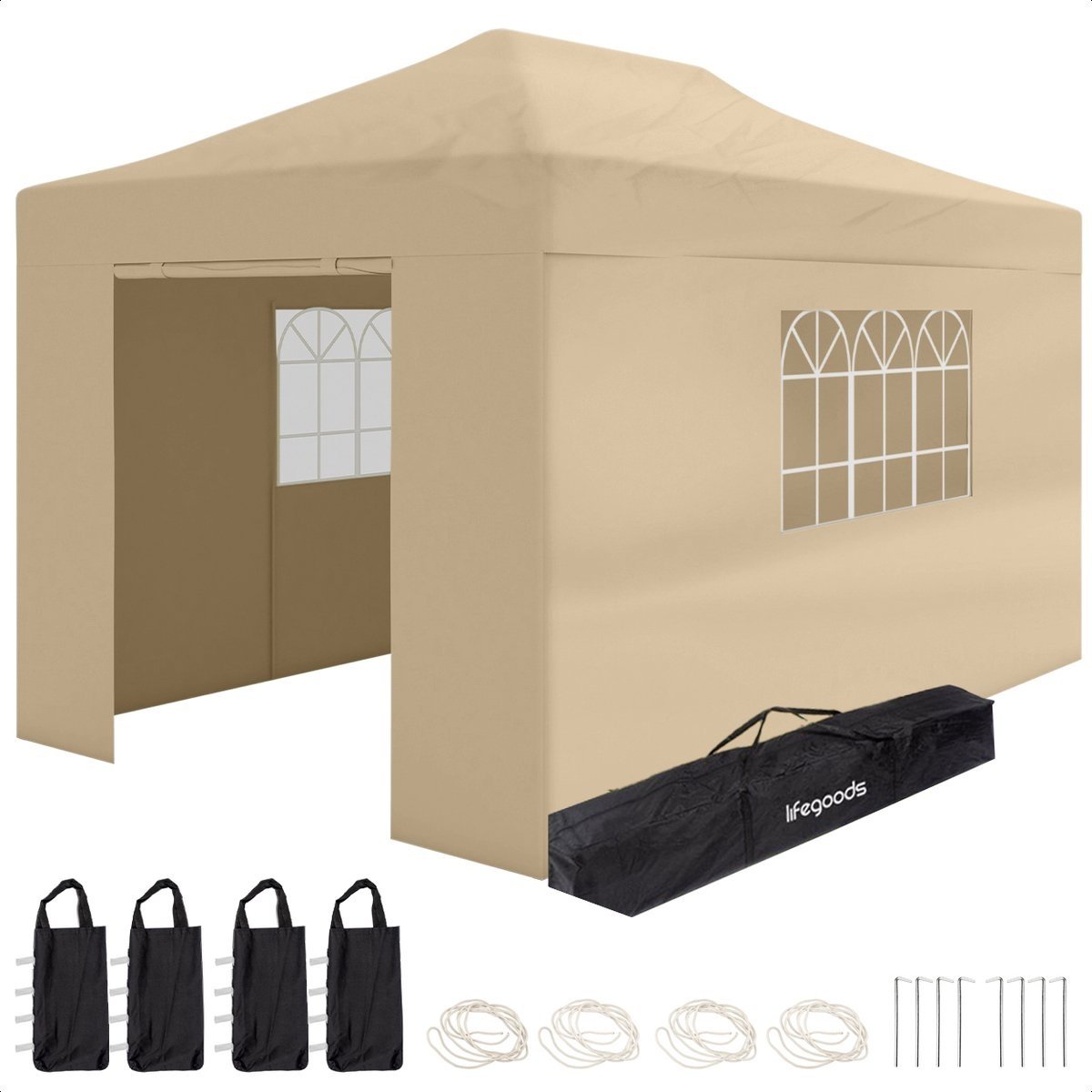 LifeGoods - Partyzelt mit Seitenwänden - Pavillon - leicht aufbaubar - wasserdicht - Tragetasche mit Rädern - 3 x 4,5 m - Beige