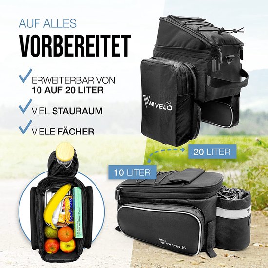 MIVELO - Gepäckträgertasche - Gepäcktasche Fahrrad - erweiterbar bis 20 l - wasserdicht - 20 l schwarz
