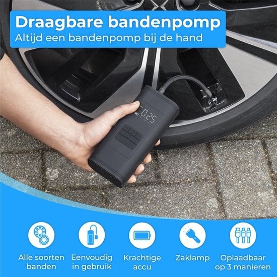 Nuvance - Kompressor-Reifenpumpe - 4000mAH - Elektrische Fahrradpumpe - Luftkompressor für Auto, Roller, Fahrrad, Ball und Luftmatratze - Inklusive Aufsätze - Taschenlampe - PRO
