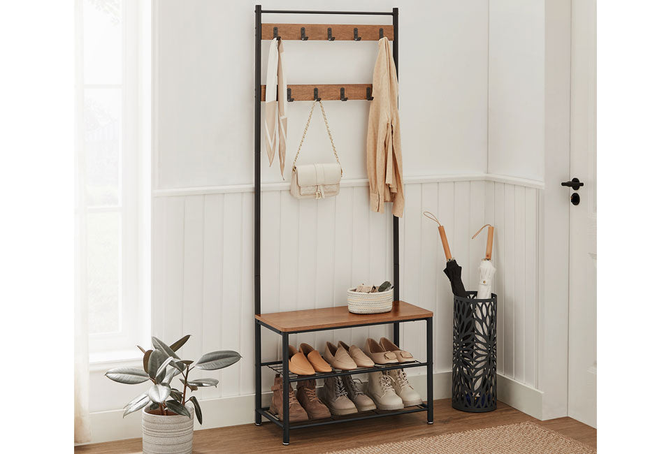 Home&Comfort Multifunktionale Garderobe, Schuhregal und Bank in 1 - 70x32x177 cm - Holzoptik & Schwarz