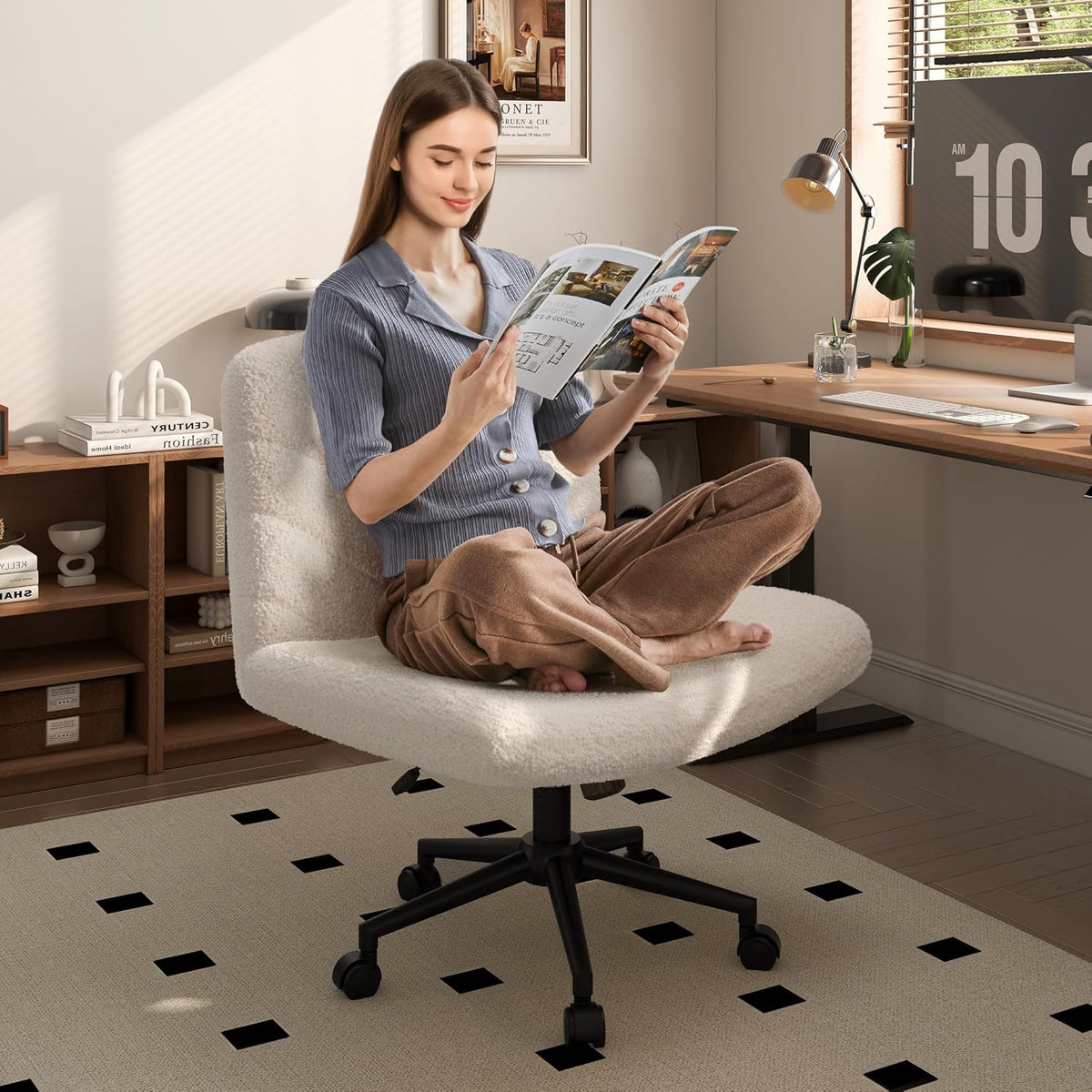 Yaheetech Bürostuhl mit Rollen und breiter Sitzfläche 66 × 65 × 92 cm Elfenbeinweiß