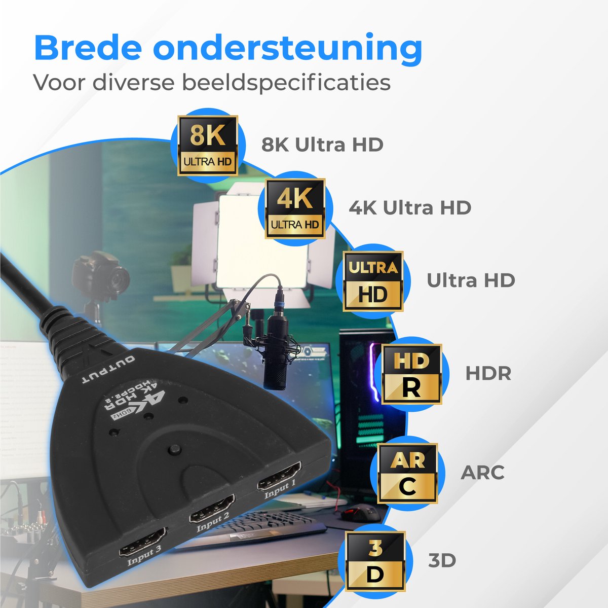 Nuvance HDMI-Umschalter - 3 Eingänge, 4K 60Hz-Unterstützung - 60 cm - Schwarz