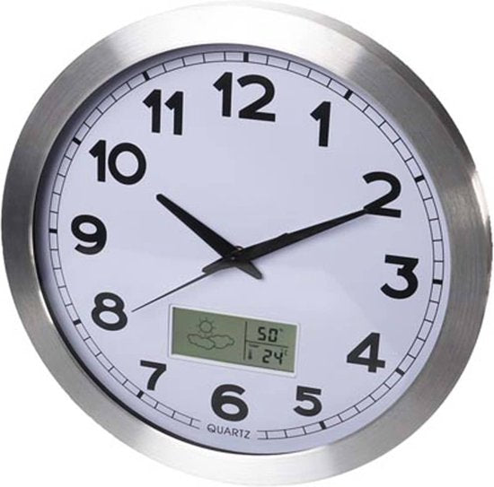 Perel Wanduhr, rund, analog, 35 cm, LCD-Display mit Thermometer, Hygrometer und Wettervorhersage, Aluminium, silber