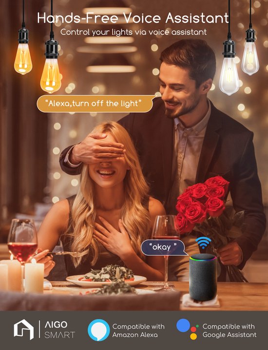 Aigostar 10YIE – ST64 – Intelligente Beleuchtung – Leuchtmittel E27 – Ø 6,4 cm – Steuerung per App – Dimmbar – Smart Bulb – 6 W