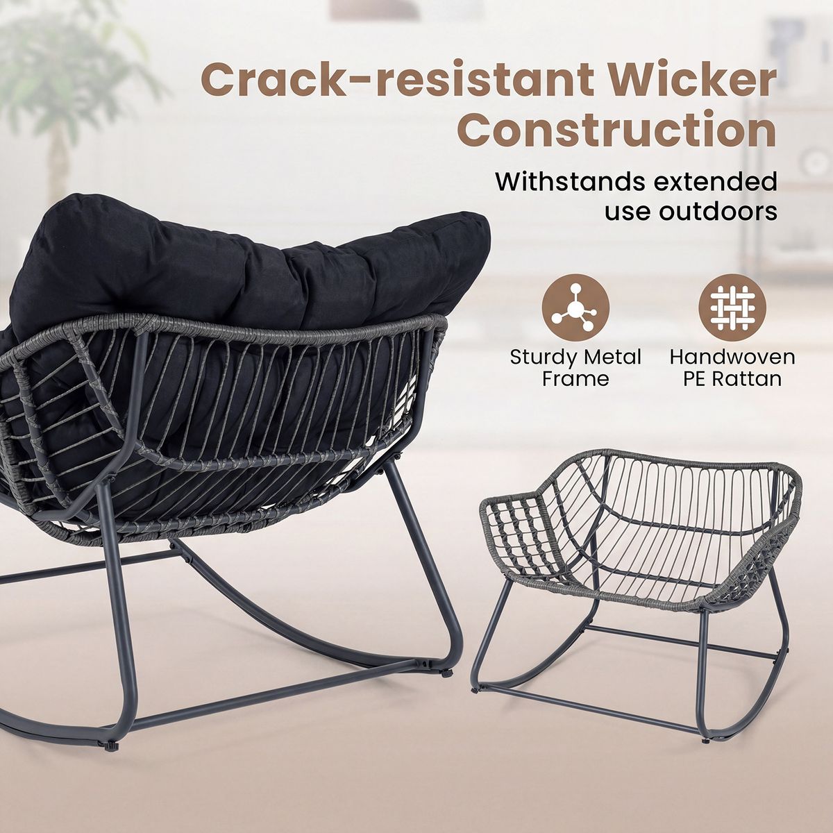 Coast Schaukelstuhl mit Fußhocker – ergonomisches Design – Metallgestell mit PE-Rattan – schwarz