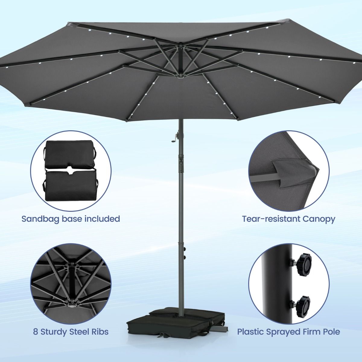 Coast Garten Sonnenschirm mit Lichtern - 300cm - mit 2 Sandsäcken - Grau