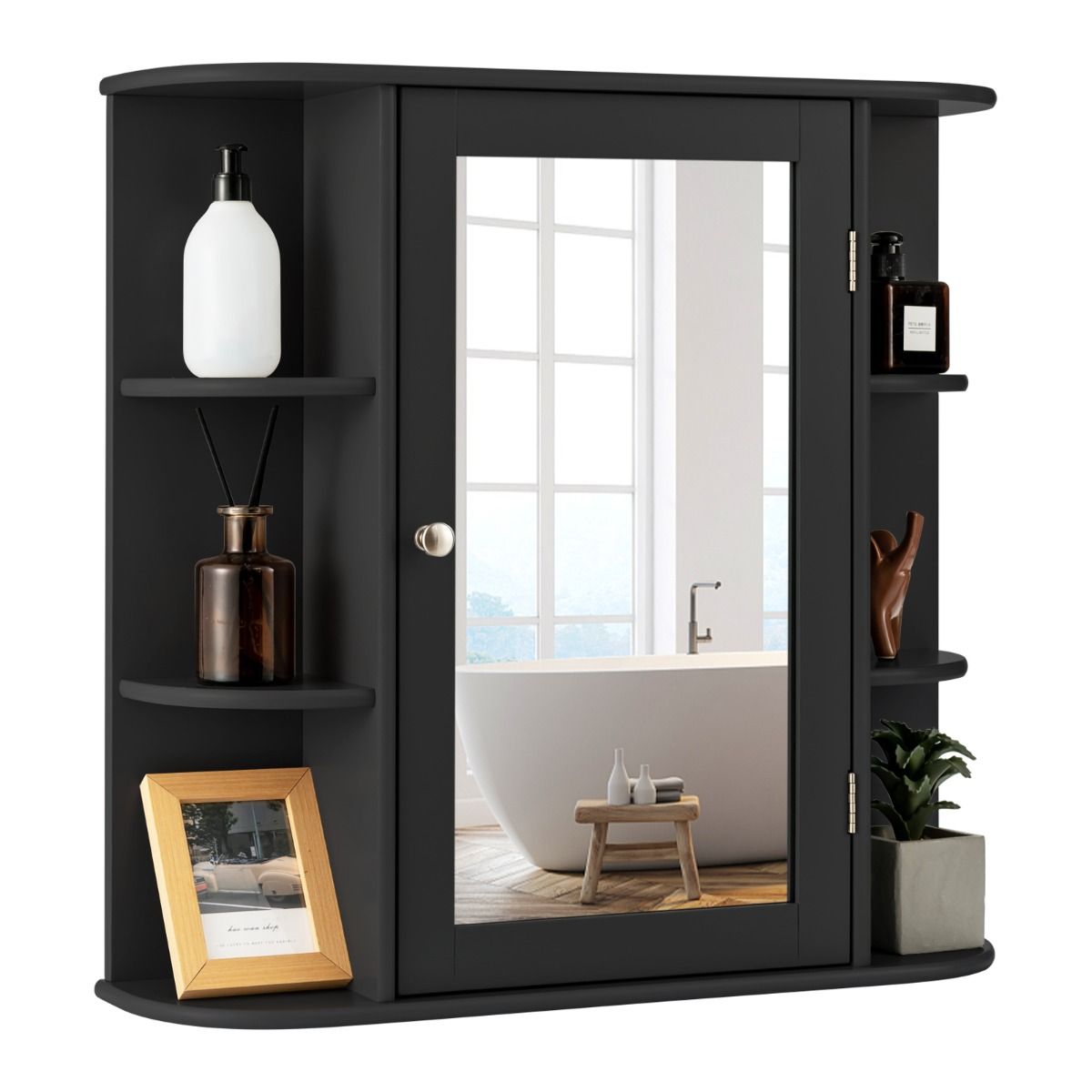 coast Spiegelschrank Bad - 66×17×62 cm - Schwarz - Wandschrank mit Spiegeltür & offenen Regalen