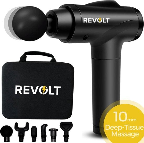 Revolt - Massagepistole - 30 verschiedene Geschwindigkeiten - 6 Aufsätze - Deluxe-Aufbewahrungskoffer - Deep Tissue - für Muskelerholung & Verletzungen - hohe Amplitude