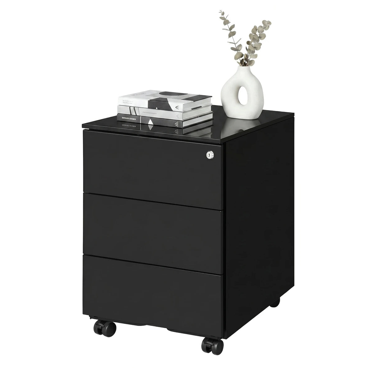 Ochama Matte Black abschließbarer mobiler Aktenschrank – 3 Schubladen, vormontiert, zur Aufbewahrung von Dokumenten und Büromaterial, 39 x 45,1 x 53,8 cm – Kompakte Aufbewahrungslösung für das Büro oder das Homeoffice