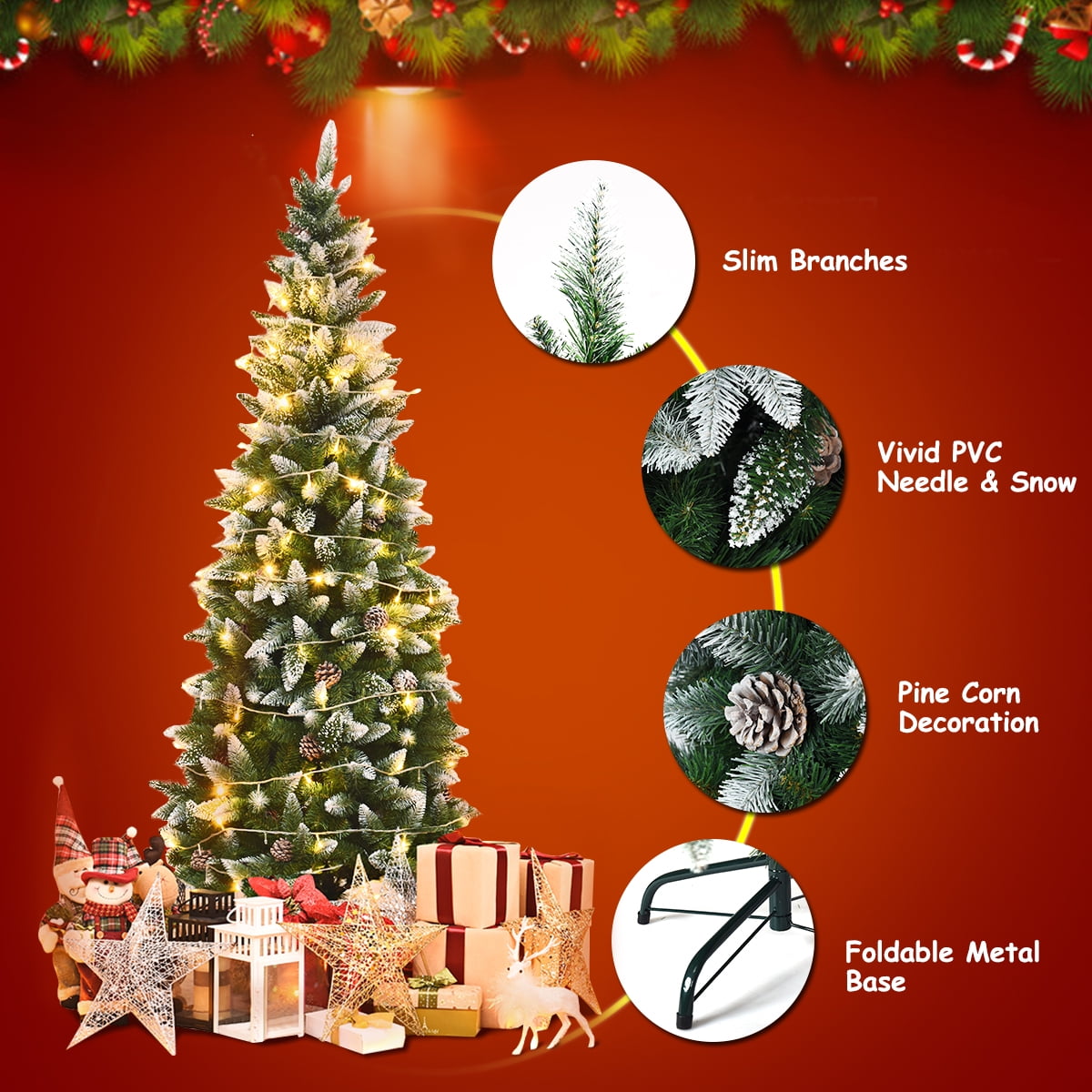 Coast Snowy Slim Künstlicher Weihnachtsbaum Grün/Weiß - 64 x 183 cm - Mit 630 Zweigspitzen und 29 Tannenzapfen