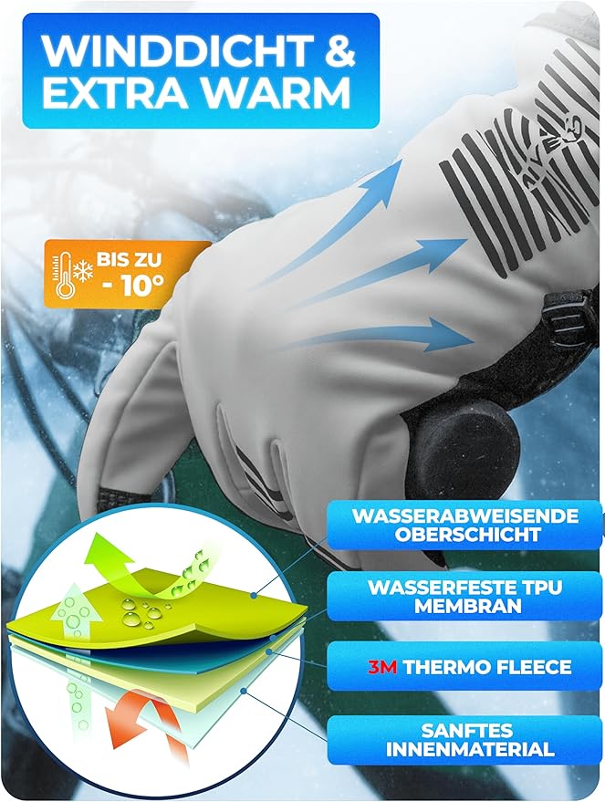 MIVELO Winterhandschuhe - Winddicht - Wasserdicht - Touchscreen - 3M Isolierung - Anti-Rutsch - Grau