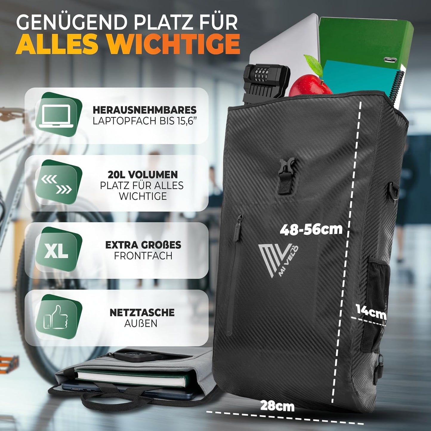 MIVELO PRIMUS - 3-in-1 wasserdichte Packtasche mit Laptopfach und Schloss - Carbon - 20 L