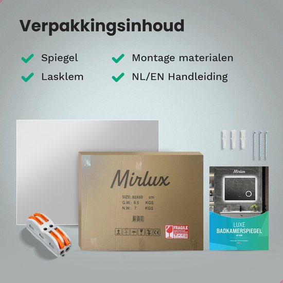 Mirlux Badezimmerspiegel - LED-Beleuchtung & Heizung - Rechteckig - Anti-Kondensation - 80x60CM