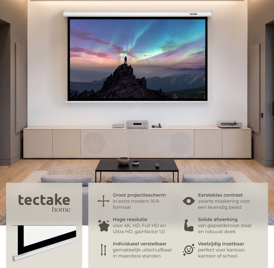 tectake® Beamer-Leinwand – 72 Zoll (183 cm) – 16:9-Projektionsleinwand – Wand- oder Deckenmontage – 4K HD – Aufrollbar – Ausziehbar – Projektionsleinwand – Präsentationsleinwand – Heimkino – Inklusive Befestigungsmaterial
