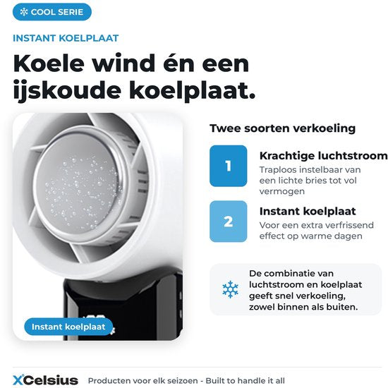 XCelsius® Handventilator – Tragbarer, zusammenklappbarer Mini-Ventilator – Über USB-C aufladbar – Stufenlos von 0 % bis 100 % einstellbar – Mit Sofort-Kühlplatte – Weiß