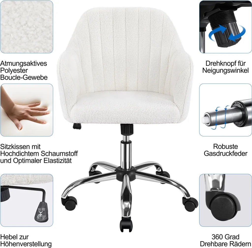 Yaheetech Verstellbarer Bürostuhl 60 x 61 x 83–92,5 cm – Elfenbein – Bürostuhl aus Bouclé mit Rollen und Armlehnen