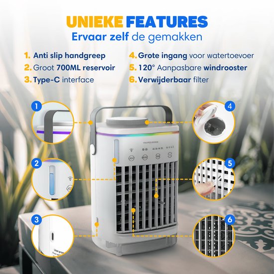 Vulpes Goods® Tech Mini Airco PRO Mobiles Klimagerät - Luftkühler 4in1 - Tischventilator - 4 Windgeschwindigkeiten - 2 Befeuchtungsmodi - Timer - Auslaufsicher - Weiß