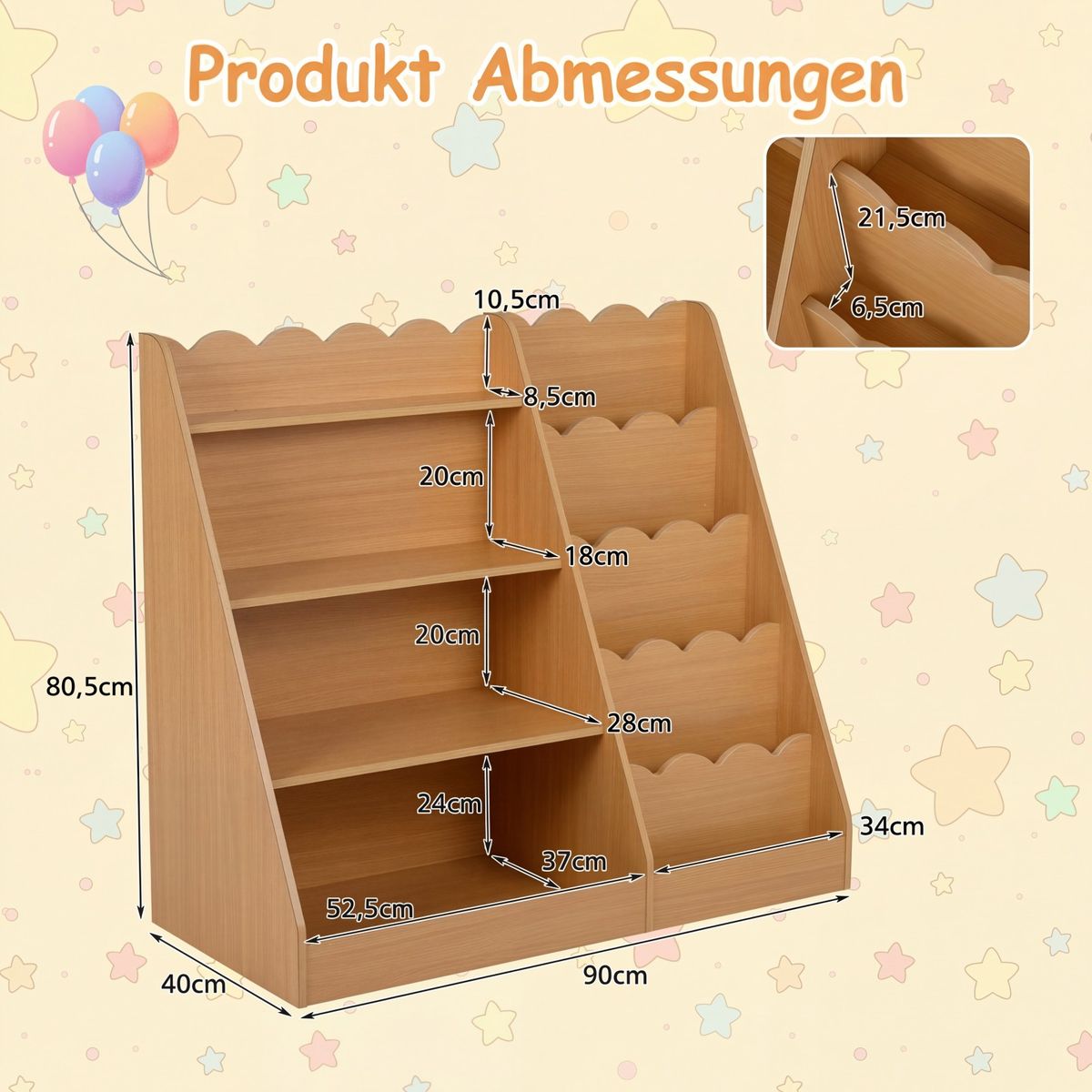 Coast Kinderbücherregal – 4 offene Fächer – verstecktes Staufach – Holz – naturfarben