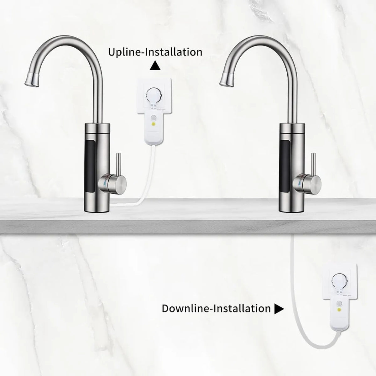 HOMELODY Elektrischer Küchenwasserhahn mit Durchlauferhitzer – 3000 W – 230 V – LED-Anzeige – Edelstahl – gebürstetes Silber