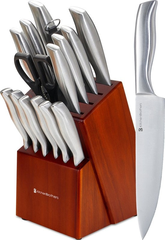 KitchenBrothers Messerset - Messerblock - 16-teilig - mit Schere und Wetzstahl - Akazienholz