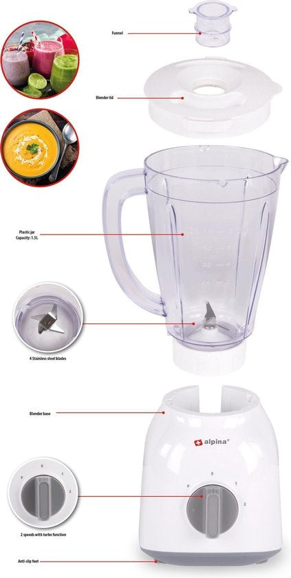 alpina Standmixer - 1,5 Liter - 400 Watt - Turbofunktion - Kunststoffkrug - Weiß