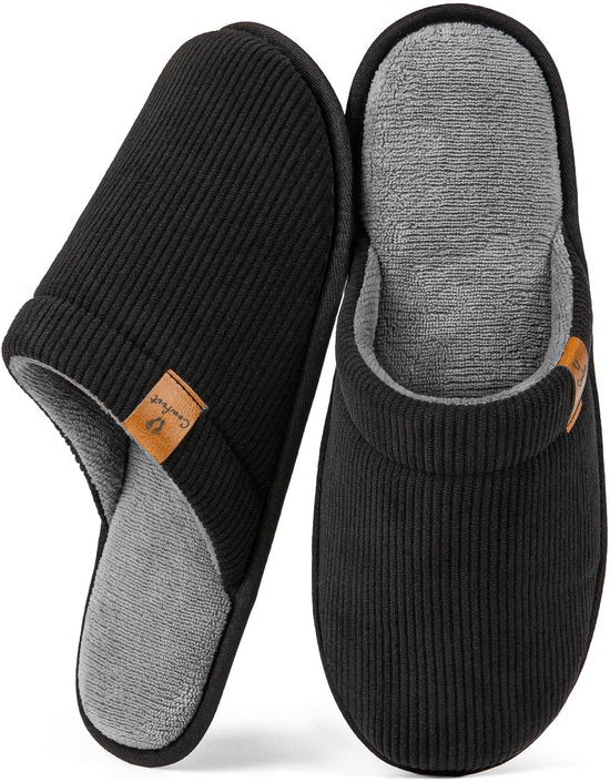 Hausschuhe Herren - Hausschuhe - Größe 40/41 - Schwarz - Cord - Rutschfest - Comfeet