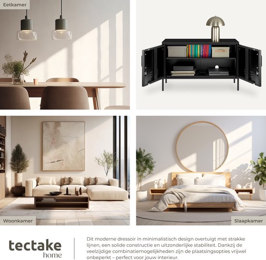 tectake® Stahl-Sideboard – TV-Möbel – 100 x 42,5 x 65 cm – Kommode – Verstellbare Einlegeböden – 2 Türen mit Magnetverschluss – Lowboard – Metallschrank – Schwarz