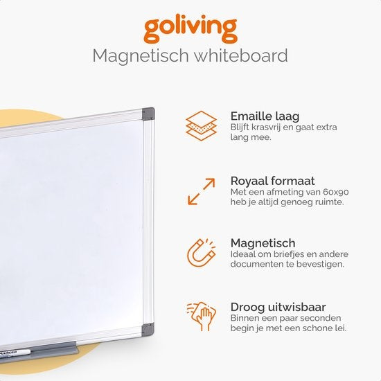 Goliving Whiteboard mit Markern - 60 x 90 cm - Magnettafel - Wochenplaner - Tafel - Emaille-Magnettafel