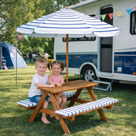 Pro Garden Picknicktisch für Kinder – blau/weiß – 75 x 75 cm – Holz/Polyester – inkl. Sonnenschirm – inkl. 2 Kissen – Gartenset