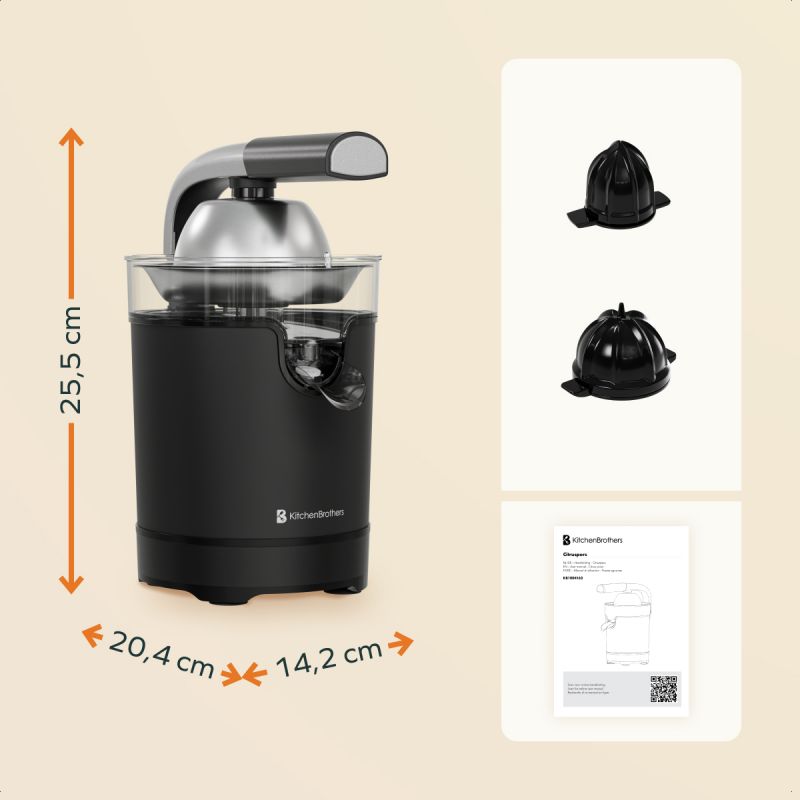 LEBENLANG Elektrische Orangenpresse 600 W – Schwarz, 20 x 20 x 31 cm, Edelstahl, inkl. Hebelarm