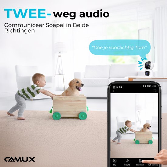Camux - DualVision Sicherheitskamera Indoor - 2MP Full HD Kamera mit Nachtsicht - Babyphone - Haustierkamera mit App - Hundekamera - Petcam