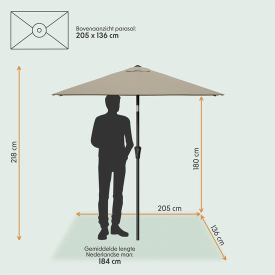 LifeGoods Sonnenschirm - Garten - 210x140cm - 30° neigbar - Wasserdicht - UPF50+ - Taupe