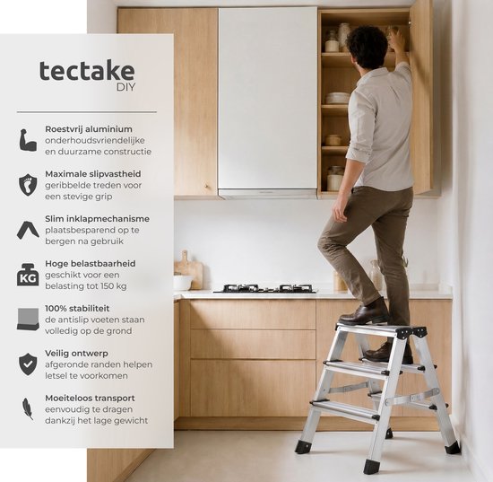 tectake® Doppelseitige Aluminium-Küchenleiter – 3 Sprossen – 58 cm – Stabile Leiter – Zusammenklappbare Trittleiter – Rutschfeste Haushaltsleiter