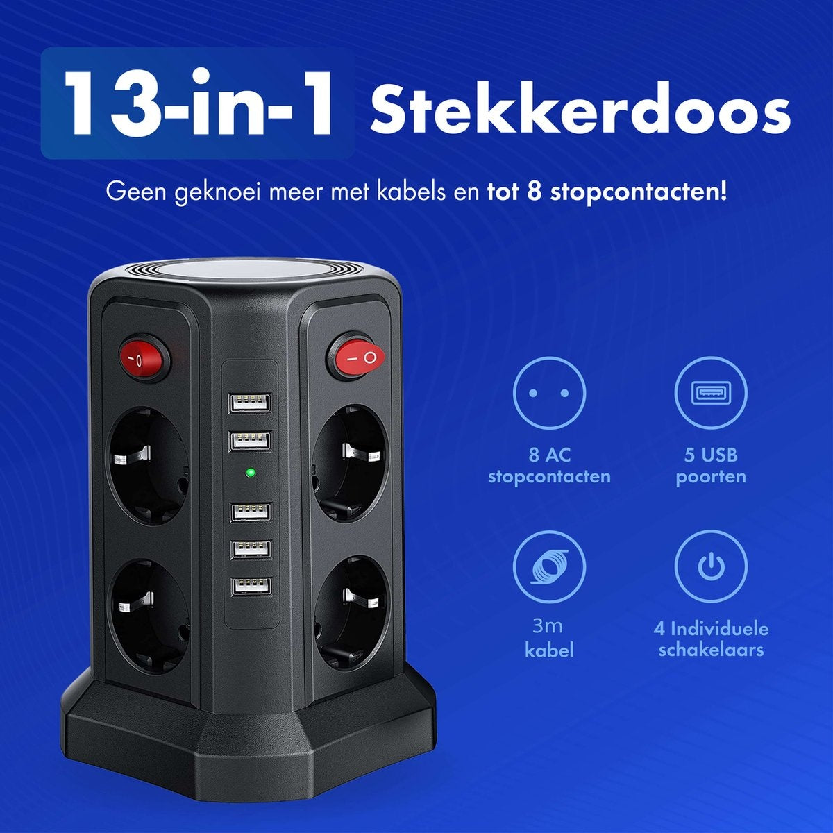 Steckdose mit Schalter und USB - Energiesparende Ein/Aus-Tasten - Power Block - Powercube - Schwarz - 3 Meter Kabel