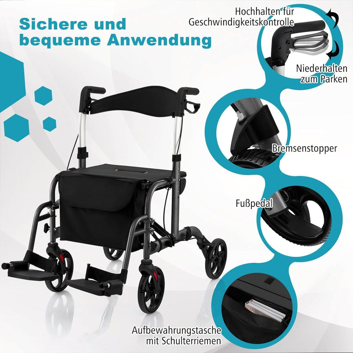 Coast Faltbarer Rollator - Multifunktional - Höhenverstellbar - Mit Tasche und Stockhalterung - Schwarz