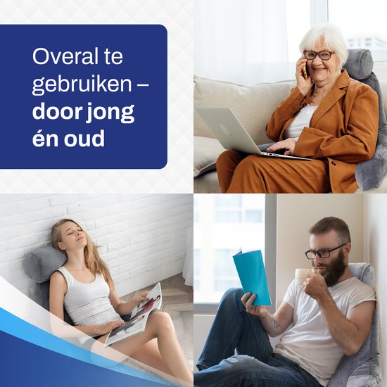 Sleeptight Lesekissen, ergonomisches Rückenkissen – mit abnehmbarem Nackenrollenkissen, praktischem Staufach und formstabiler Schaumstofffüllung – für Bett und Sofa – grauer Stoff – 53 cm lang, 60 cm breit und 40 cm hoch