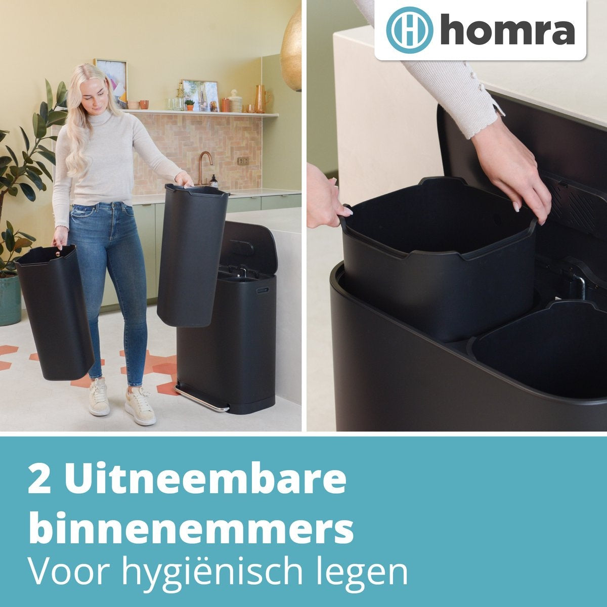 Homra - Mülleimer - 2x30L - Mülltrennung - mit Geruchsfilter - Edelstahl - Schwarz