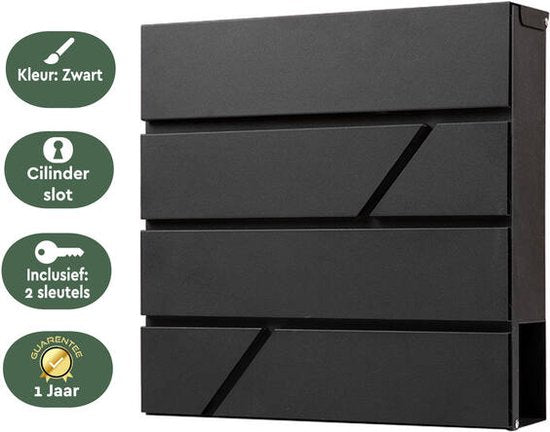BRASQ Briefkasten Hanging Black Deluxe - Wandbriefkasten mit Schloss und Zeitungsfach - Inkl. Befestigungsmaterial & 2 Schlüssel - Briefkasten - Briefkasten - Edelstahl