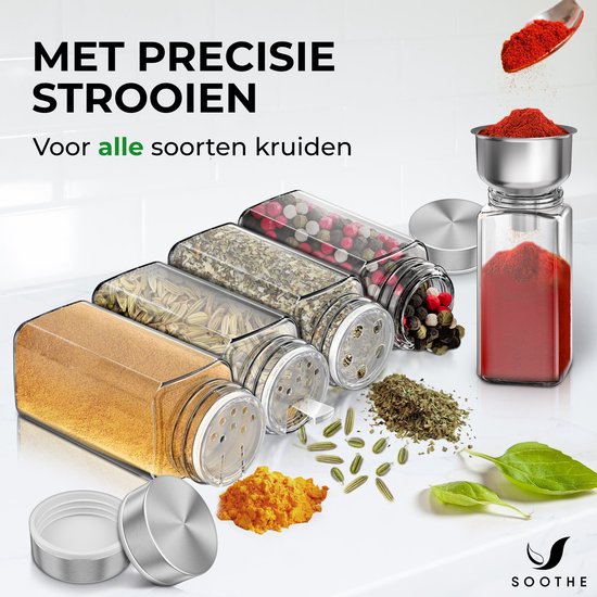 Soothe 48 Glasgewürzdosen quadratisch mit Edelstahldeckel - 2 Arten von Streudeckeln - Gewürzstreuer - Gewürzdosen - Komplettset inkl. Gewürzsticker, Kreidestift und Zubehör - 120ml