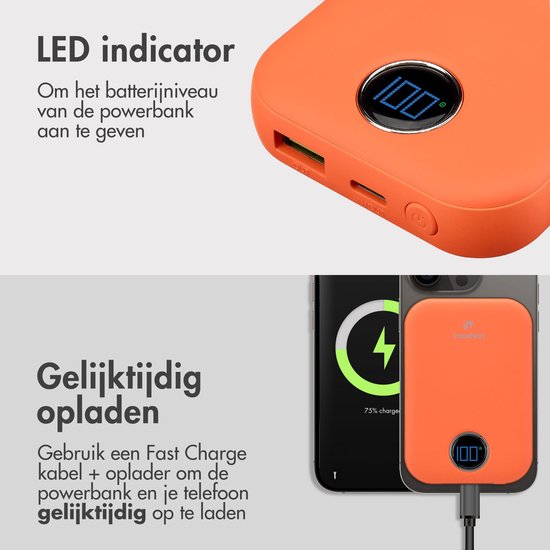 imoshion Powerbank 10000 mAh - Geeignet für MagSafe - Schnellladegerät 22,5W - LED-Anzeige - USB C & USB A - Drahtlose Powerbank Geeignet für Apple iPhone 12/13/14/15/16 - Orange