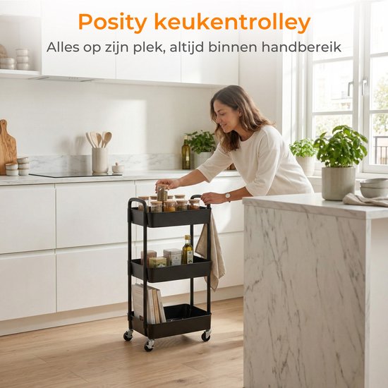 Posity Küchenwagen auf Rädern - Servierwagen / Aufbewahrungswagen / Küchenregal / Trolley Küche - Mobil und fest - 3 Schichten - Kunststoff - Schwarz