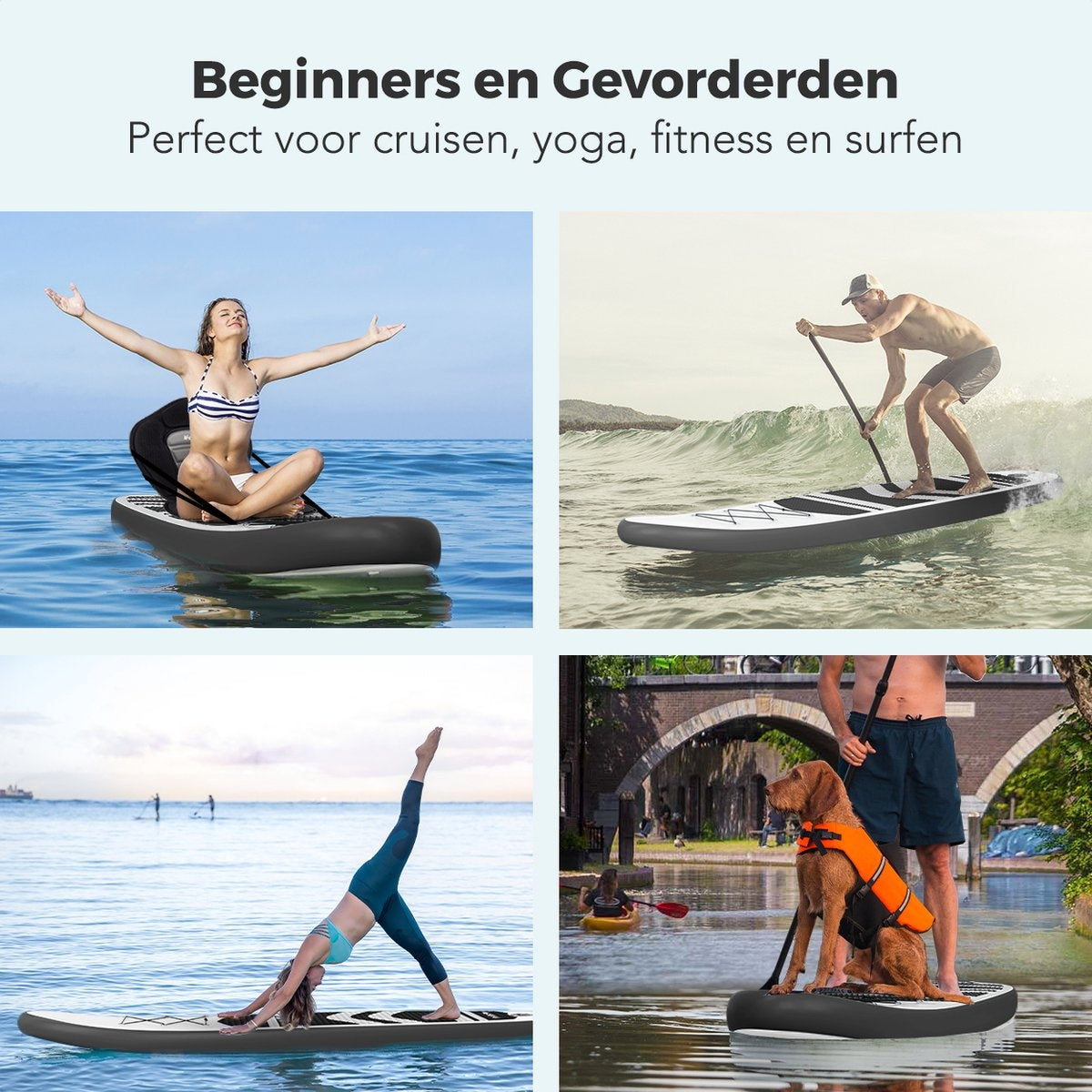 LifeGoods SUP Board - mit Sitz - Aufblasbares Paddle Board - Komplettset - Max. 135KG - 320x81cm - Weiß/Schwarz