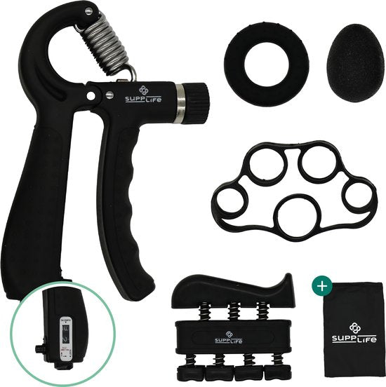 Supplife Handtrainer-Set, 5-teilig – Verstellbarer Handpresser mit Zähler – Grifftrainer & Griffball – Fingertrainer – Anti-RSI