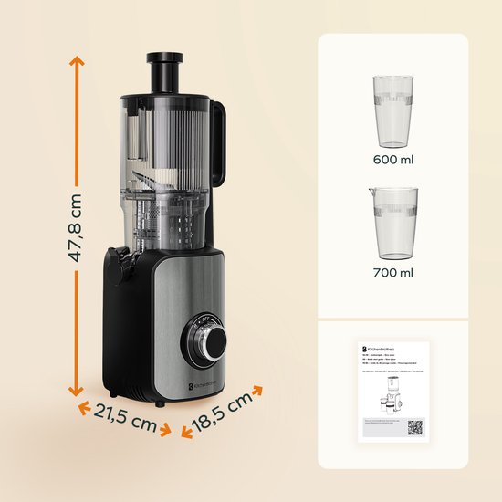 KitchenBrothers Slowjuicer - Vertikal - Entsafter - Gemüse- und Obstpresse - 126 mm - 750 ml - Schwarz